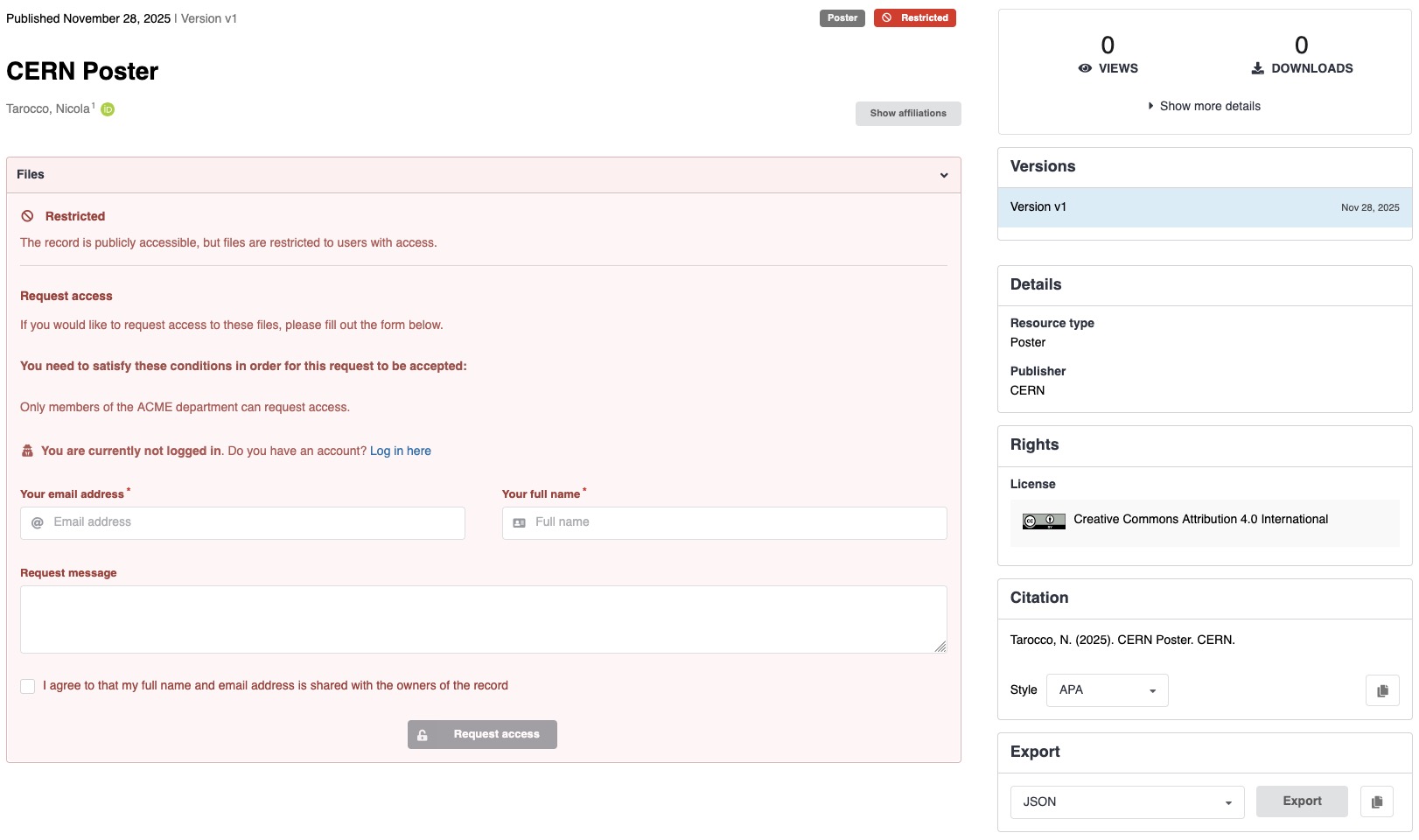 Request access form shown to unauthorized users