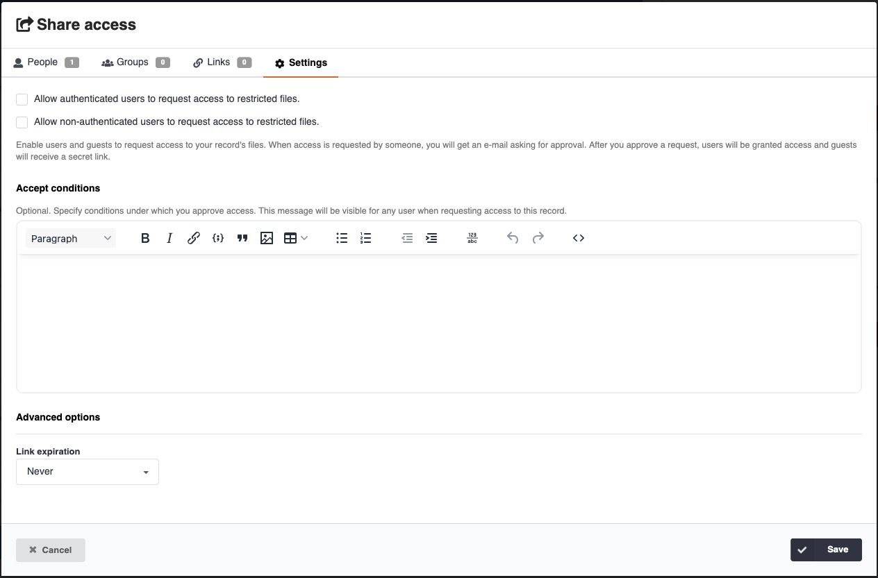 Enable access requests from the Share interface